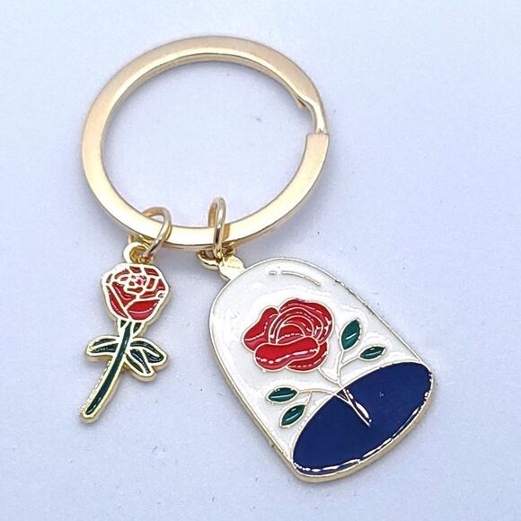 🎁 Red Rose in Glass🌹Key Chain Ring 🗝️ Tale as Old as Time Beauty Beast Gift - Picture 2 of 3